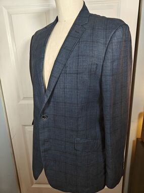 Joseph Abboud Linen Sport Coat Mens 48L Navy Blue Plaid Windowpane Blazer Tall
